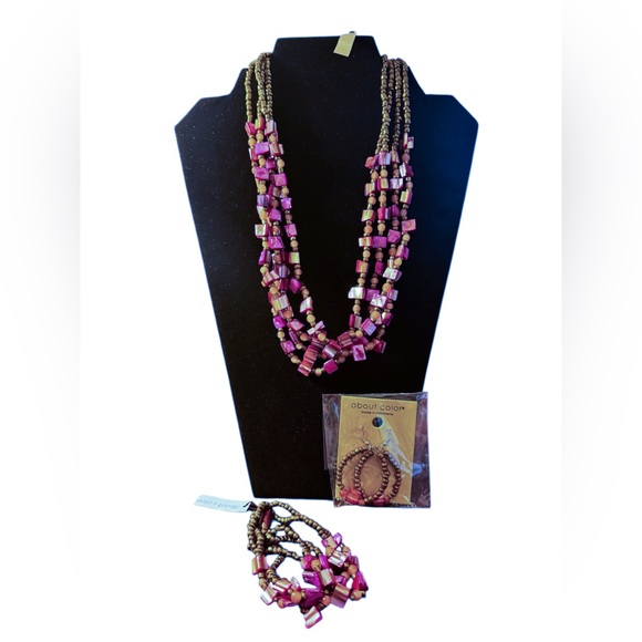 about color Jewelry - Artisan Beaded & Shell Costume Jewelry Purple NWT Necklace Bracelet Earrings Set